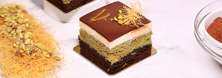 Layered Chocolate Pistachio Kataifi Cake