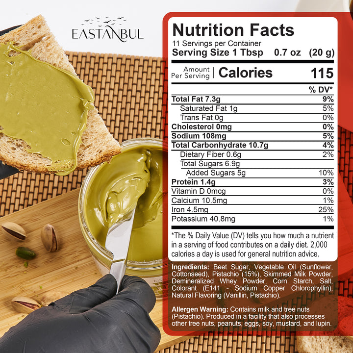 Eastanbul Turkish Pistachio Cream, Paste for Dubai Chocolate Bar, 15% Pistachio, 8oz