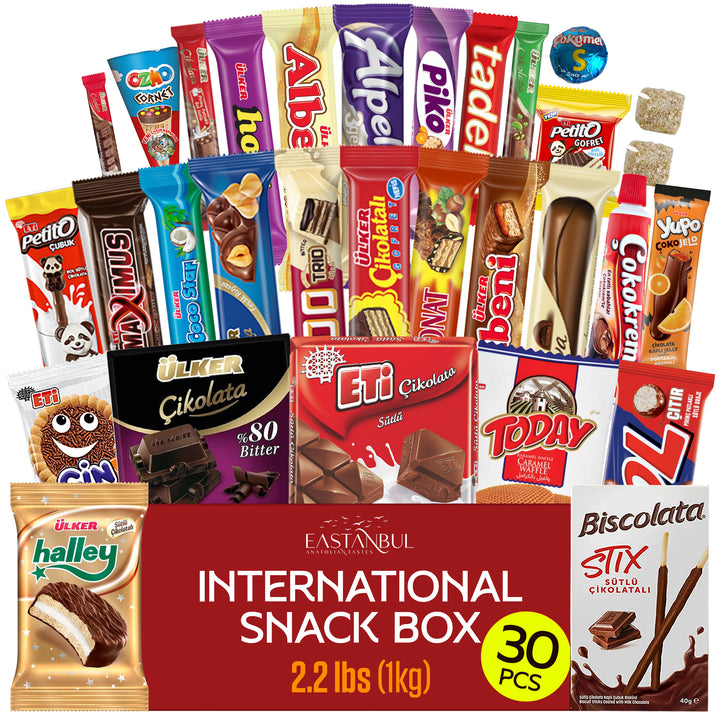Eastanbul International Snack Box,30 Chocolate Assortment Bars,Exotic Candy