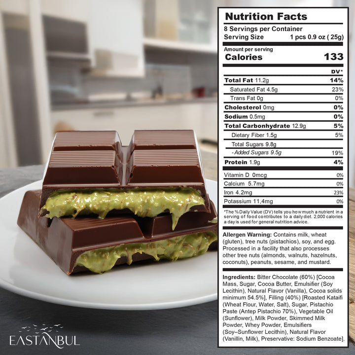 Eastanbul Premium Dubai Dark Chocolate Bar Pistachio, Viral Candy, Knafeh, 7oz