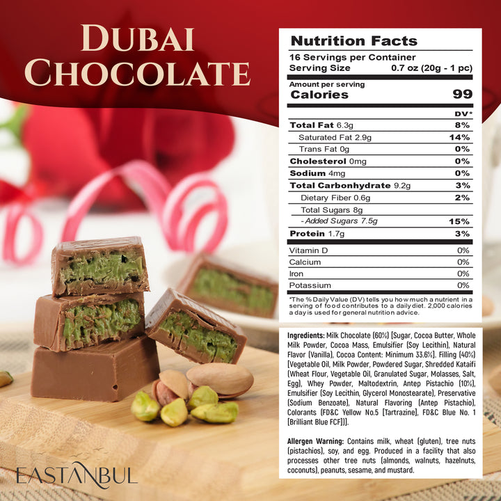 Eastanbul Premium Dubai Chocolate Bar Pistachio,Valentines Day Gifts,11.3oz