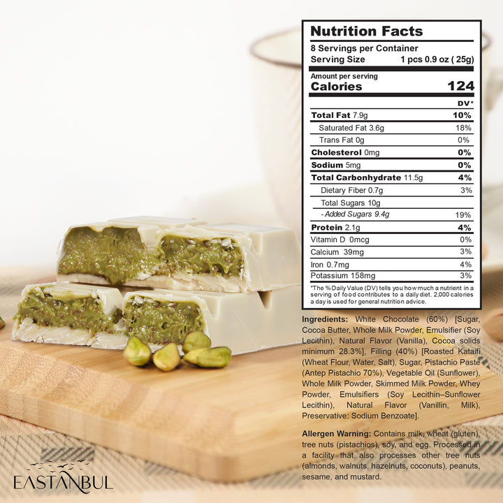 Eastanbul Dubai White Chocolate Bar Pistachio, Viral Candy, Knafeh, 7oz