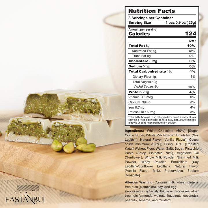 Eastanbul Dubai White Chocolate Bar Pistachio, Viral Candy, Knafeh, 7oz