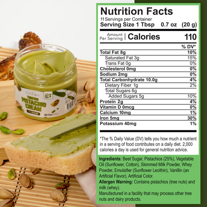 Eastanbul Turkish Pistachio Cream, Paste for Dubai Chocolate Bar, 25% Pistachio, 8oz