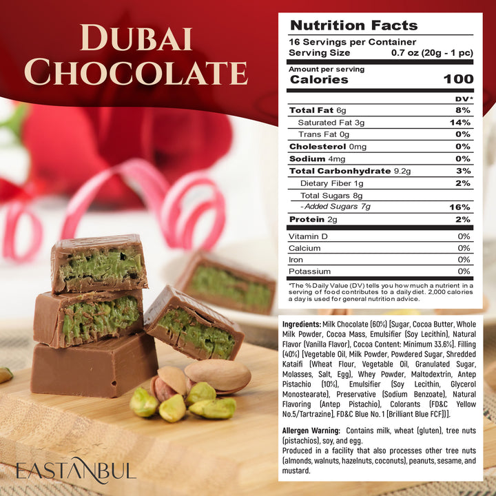 Eastanbul Premium Dubai Chocolate Bar Pistachio,Valentines Day Gifts,11.3oz