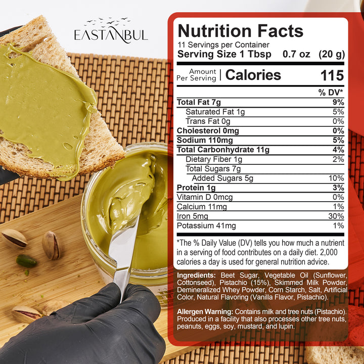 Eastanbul Turkish Pistachio Cream, Paste for Dubai Chocolate Bar, 15% Pistachio, 8oz