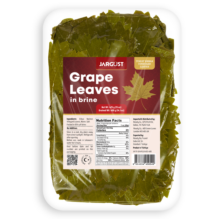 Jargust Grape Leaves in Brine, For Dolma, Sarma, and Dolmades, Vegan, 14oz